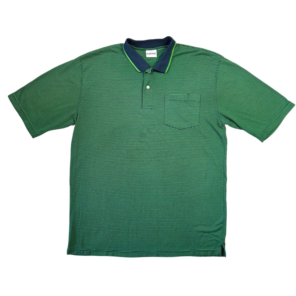 Puritan Mens Green Navy Blue Micro Stripe Polo Shirt Short Sleeve Pocket L Retro